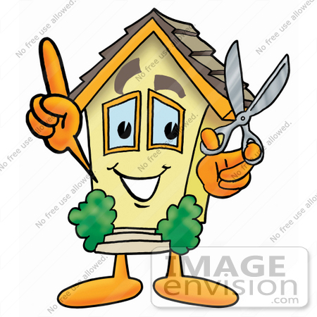#24238 Clip Art Graphic of a Yellow Residential House Cartoon Character Holding a Pair of Scissors by toons4biz