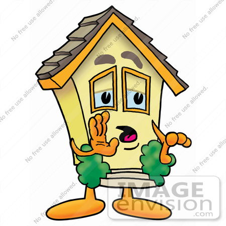 #24240 Clip Art Graphic of a Yellow Residential House Cartoon Character Whispering and Gossiping by toons4biz