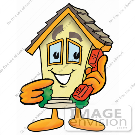 #24241 Clip Art Graphic of a Yellow Residential House Cartoon Character Holding a Telephone by toons4biz