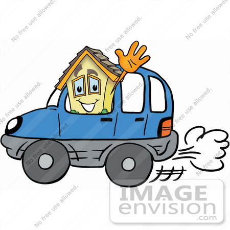 #24243 Clip Art Graphic of a Yellow Residential House Cartoon Character Driving a Blue Car and Waving by toons4biz