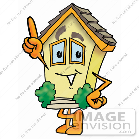 #24244 Clip Art Graphic of a Yellow Residential House Cartoon Character Pointing Upwards by toons4biz