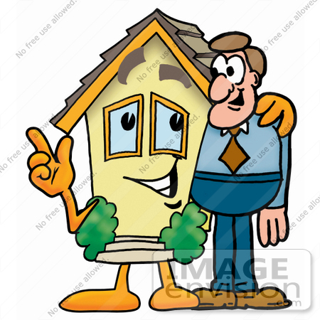 #24245 Clip Art Graphic of a Yellow Residential House Cartoon Character Talking to a Business Man by toons4biz