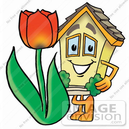 #24246 Clip Art Graphic of a Yellow Residential House Cartoon Character With a Red Tulip Flower in the Spring by toons4biz
