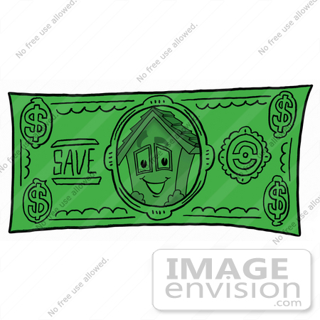 #24247 Clip Art Graphic of a Yellow Residential House Cartoon Character on a Dollar Bill by toons4biz