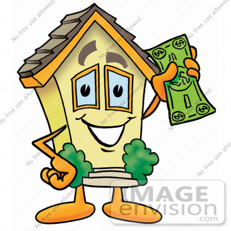 #24249 Clip Art Graphic of a Yellow Residential House Cartoon Character Holding a Dollar Bill by toons4biz