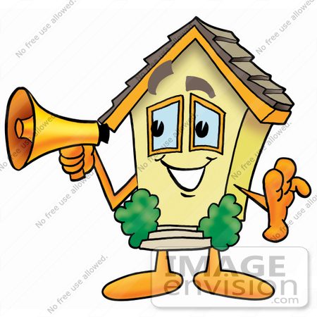 #24250 Clip Art Graphic of a Yellow Residential House Cartoon Character Holding a Megaphone by toons4biz