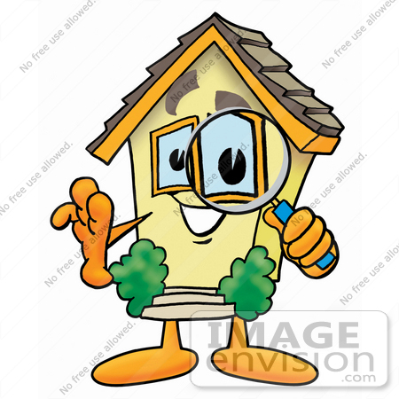 #24251 Clip Art Graphic of a Yellow Residential House Cartoon Character Looking Through a Magnifying Glass by toons4biz