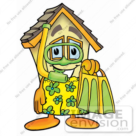 #24252 Clip Art Graphic of a Yellow Residential House Cartoon Character in Green and Yellow Snorkel Gear by toons4biz