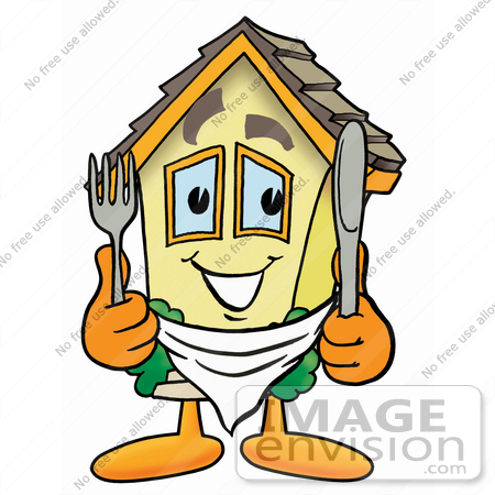 #24254 Clip Art Graphic of a Yellow Residential House Cartoon Character Holding a Knife and Fork by toons4biz
