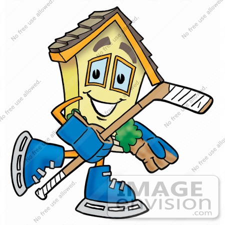 #24255 Clip Art Graphic of a Yellow Residential House Cartoon Character Playing Ice Hockey by toons4biz