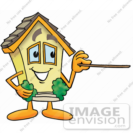 #24258 Clip Art Graphic of a Yellow Residential House Cartoon Character Holding a Pointer Stick by toons4biz