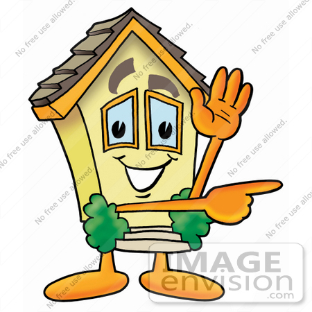 #24260 Clip Art Graphic of a Yellow Residential House Cartoon Character Waving and Pointing by toons4biz