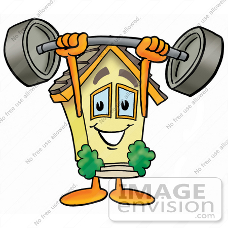 #24261 Clip Art Graphic of a Yellow Residential House Cartoon Character Holding a Heavy Barbell Above His Head by toons4biz