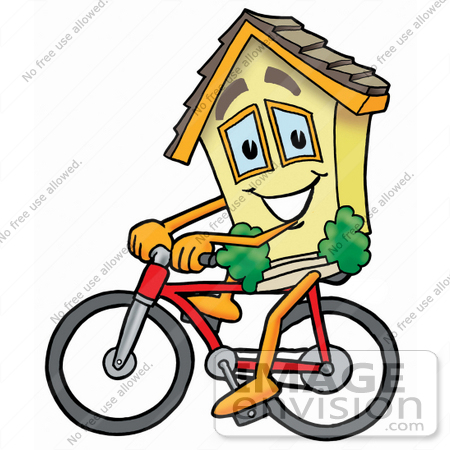 #24263 Clip Art Graphic of a Yellow Residential House Cartoon Character Riding a Bicycle by toons4biz