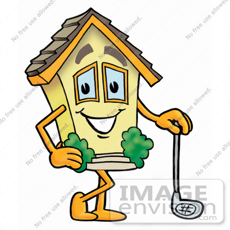 #24266 Clip Art Graphic of a Yellow Residential House Cartoon Character Leaning on a Golf Club While Golfing by toons4biz