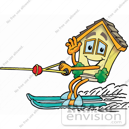 #24267 Clip Art Graphic of a Yellow Residential House Cartoon Character Waving While Water Skiing by toons4biz
