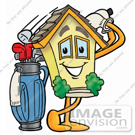#24269 Clip Art Graphic of a Yellow Residential House Cartoon Character Swinging His Golf Club While Golfing by toons4biz