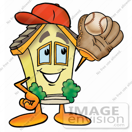 #24271 Clip Art Graphic of a Yellow Residential House Cartoon Character Catching a Baseball With a Glove by toons4biz