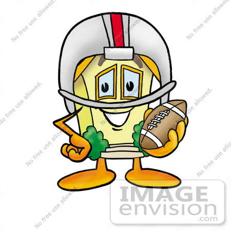 #24272 Clip Art Graphic of a Yellow Residential House Cartoon Character in a Helmet, Holding a Football by toons4biz