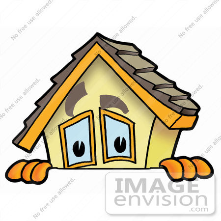 #24276 Clip Art Graphic of a Yellow Residential House Cartoon Character Peeking Over a Surface by toons4biz