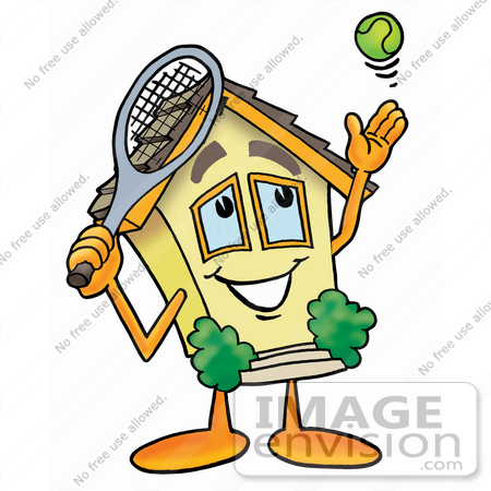 #24279 Clip Art Graphic of a Yellow Residential House Cartoon Character Preparing to Hit a Tennis Ball by toons4biz