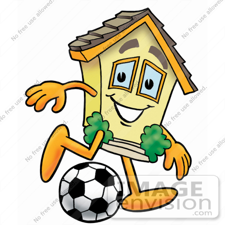 #24283 Clip Art Graphic of a Yellow Residential House Cartoon Character Kicking a Soccer Ball by toons4biz