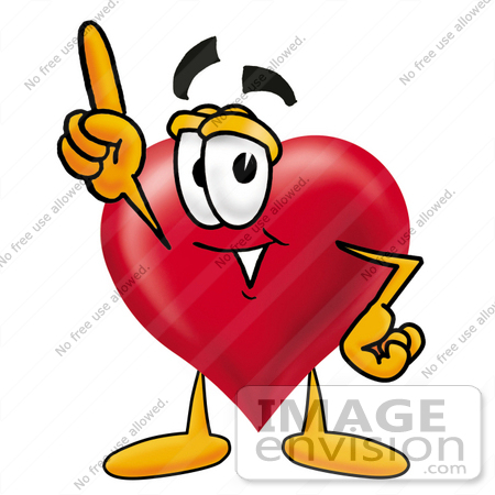 #24295 Clip Art Graphic of a Red Love Heart Cartoon Character Pointing Upwards by toons4biz