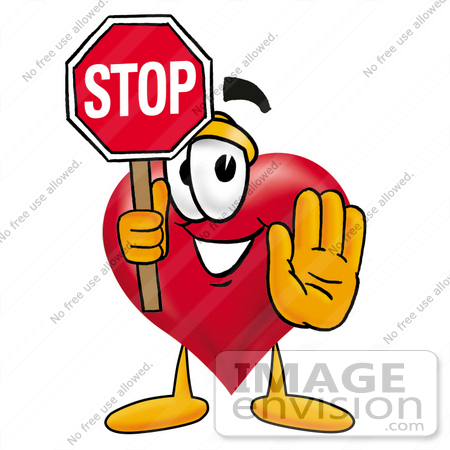 #24297 Clip Art Graphic of a Red Love Heart Cartoon Character Holding a Stop Sign by toons4biz