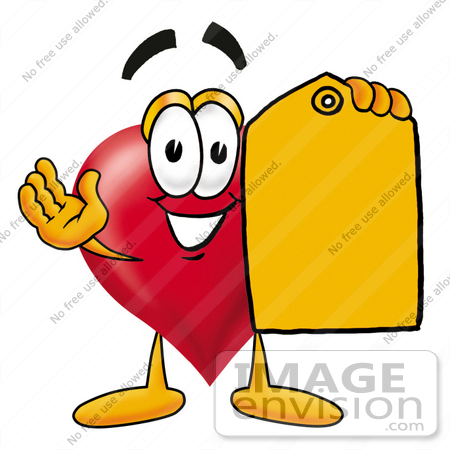 #24299 Clip Art Graphic of a Red Love Heart Cartoon Character Holding a Yellow Sales Price Tag by toons4biz