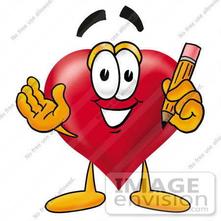 #24301 Clip Art Graphic of a Red Love Heart Cartoon Character Holding a Pencil by toons4biz