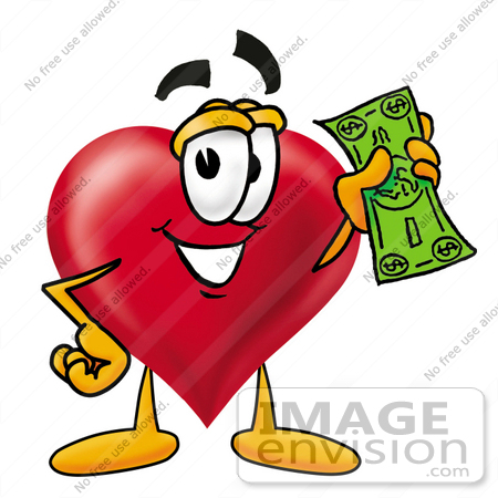 #24302 Clip Art Graphic of a Red Love Heart Cartoon Character Holding a Dollar Bill by toons4biz