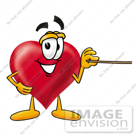 #24304 Clip Art Graphic of a Red Love Heart Cartoon Character Holding a Pointer Stick by toons4biz