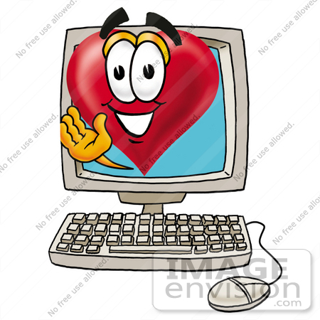 #24306 Clip Art Graphic of a Red Love Heart Cartoon Character Waving From Inside a Computer Screen by toons4biz