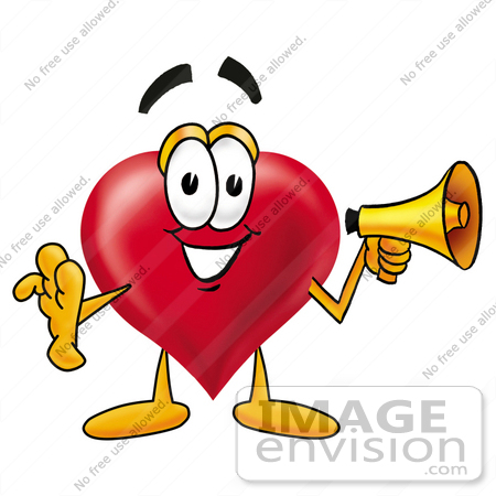 #24311 Clip Art Graphic of a Red Love Heart Cartoon Character Holding a Megaphone by toons4biz