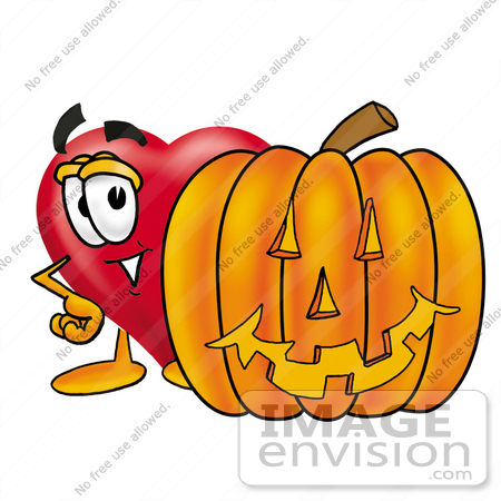 #24317 Clip Art Graphic of a Red Love Heart Cartoon Character With a Carved Halloween Pumpkin by toons4biz