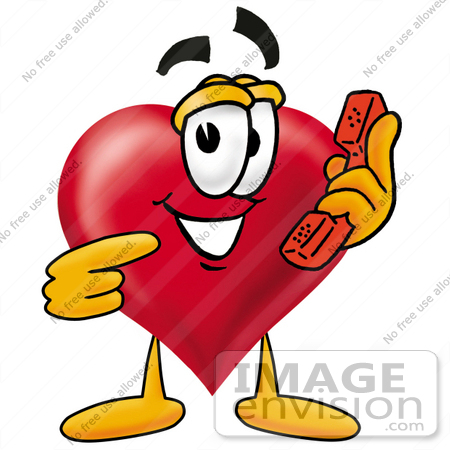 #24319 Clip Art Graphic of a Red Love Heart Cartoon Character Holding a Telephone by toons4biz