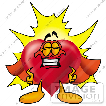 #24321 Clip Art Graphic of a Red Love Heart Cartoon Character Dressed as a Super Hero by toons4biz