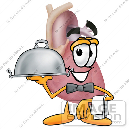 #24326 Clip Art Graphic of a Human Heart Cartoon Character Dressed as a Waiter and Holding a Serving Platter by toons4biz