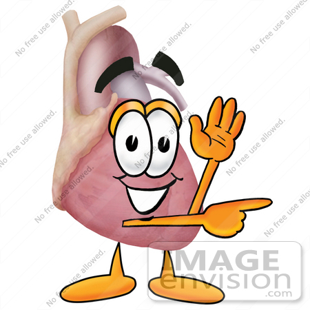 #24333 Clip Art Graphic of a Human Heart Cartoon Character Waving and Pointing by toons4biz