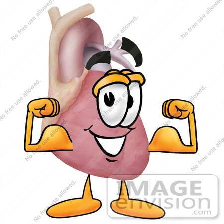 #24334 Clip Art Graphic of a Human Heart Cartoon Character Flexing His Arm Muscles by toons4biz