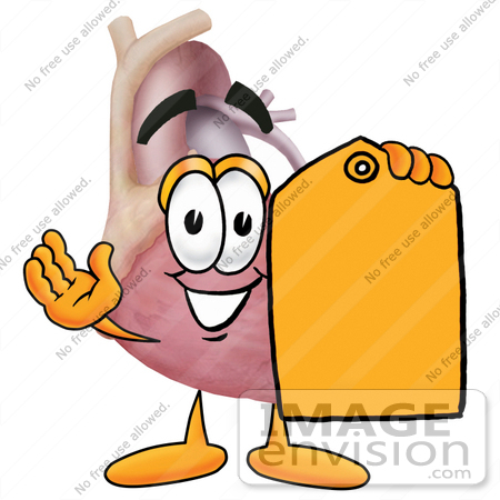 #24335 Clip Art Graphic of a Human Heart Cartoon Character Holding a Yellow Sales Price Tag by toons4biz