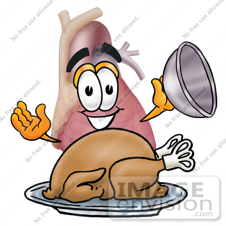 #24338 Clip Art Graphic of a Human Heart Cartoon Character Serving a Thanksgiving Turkey on a Platter by toons4biz