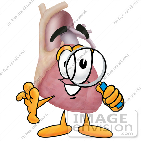 #24342 Clip Art Graphic of a Human Heart Cartoon Character Looking Through a Magnifying Glass by toons4biz