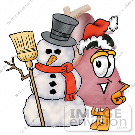 #24344 Clip Art Graphic of a Human Heart Cartoon Character With a Snowman on Christmas by toons4biz