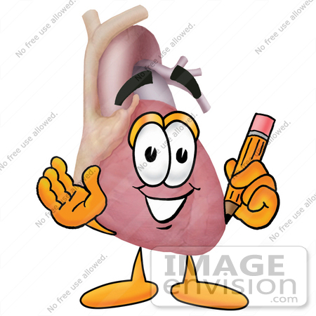 #24347 Clip Art Graphic of a Human Heart Cartoon Character Holding a Pencil by toons4biz