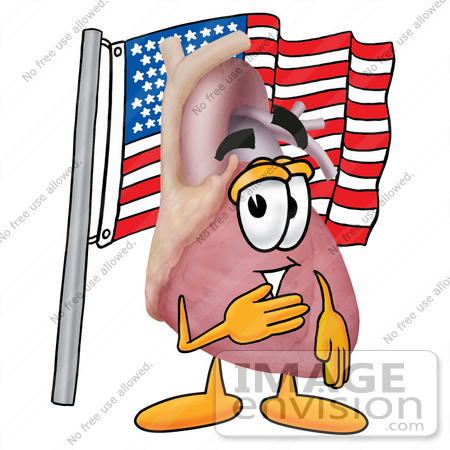 #24349 Clip Art Graphic of a Human Heart Cartoon Character Pledging Allegiance to an American Flag by toons4biz