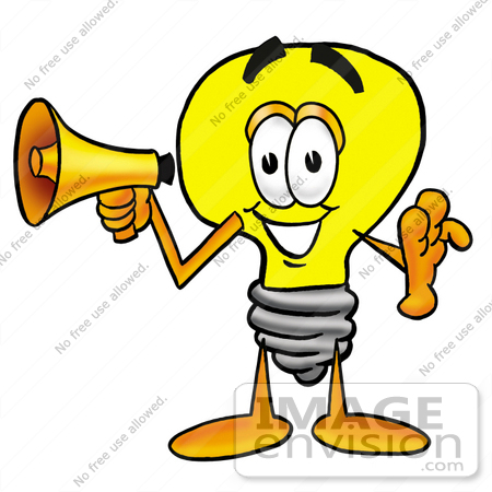 #24352 Clip Art Graphic of a Yellow Electric Lightbulb Cartoon Character Holding a Megaphone by toons4biz