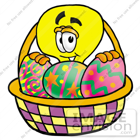 #24353 Clip Art Graphic of a Yellow Electric Lightbulb Cartoon Character in an Easter Basket Full of Decorated Easter Eggs by toons4biz