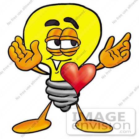#24355 Clip Art Graphic of a Yellow Electric Lightbulb Cartoon Character With His Heart Beating Out of His Chest by toons4biz