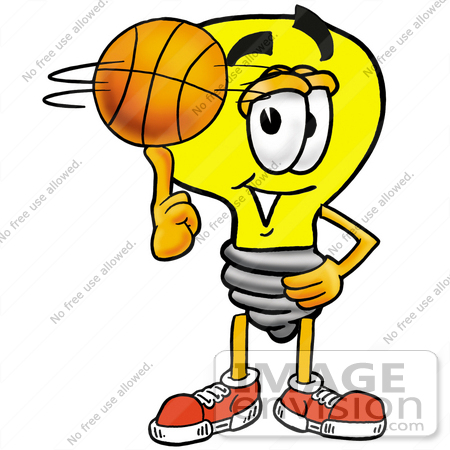 #24357 Clip Art Graphic of a Yellow Electric Lightbulb Cartoon Character Spinning a Basketball on His Finger by toons4biz
